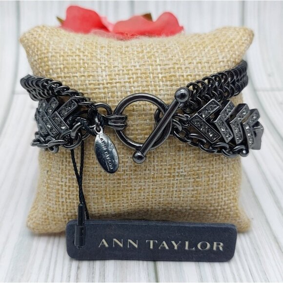 NWT Ann Taylor Statement Bracelet Gun Metal Multi Strand Crystal Accents Toggle - Picture 3 of 12